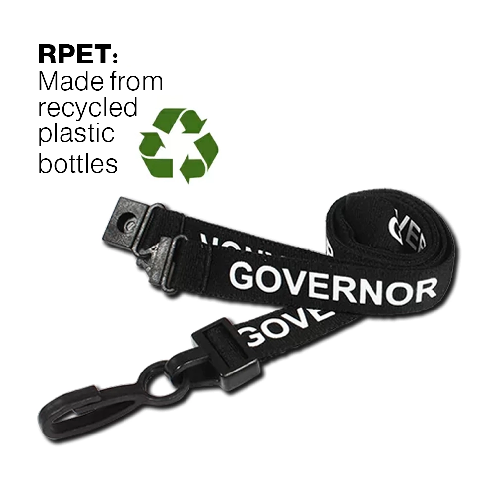 Recycled 15mm wide black GOVERNOR lanyards with plastic J clip - AC222-GOV-BK - Pack of 100